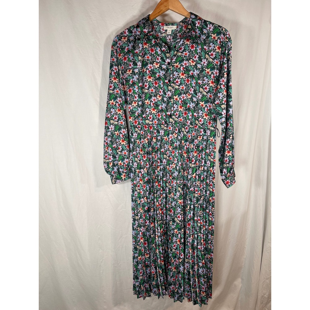 On 34th Womens Floral Animal Print Pleated Midi Shirt Dress Black Green Small